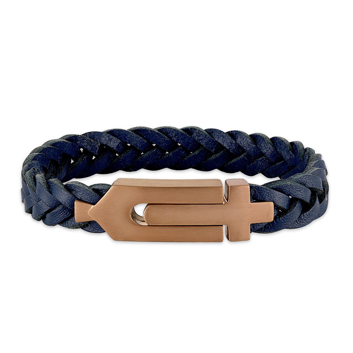 Bulova Men's Blue Leather 8" Braid Bracelet in Pink Gold-Tone Ion Plated Stainless Steel