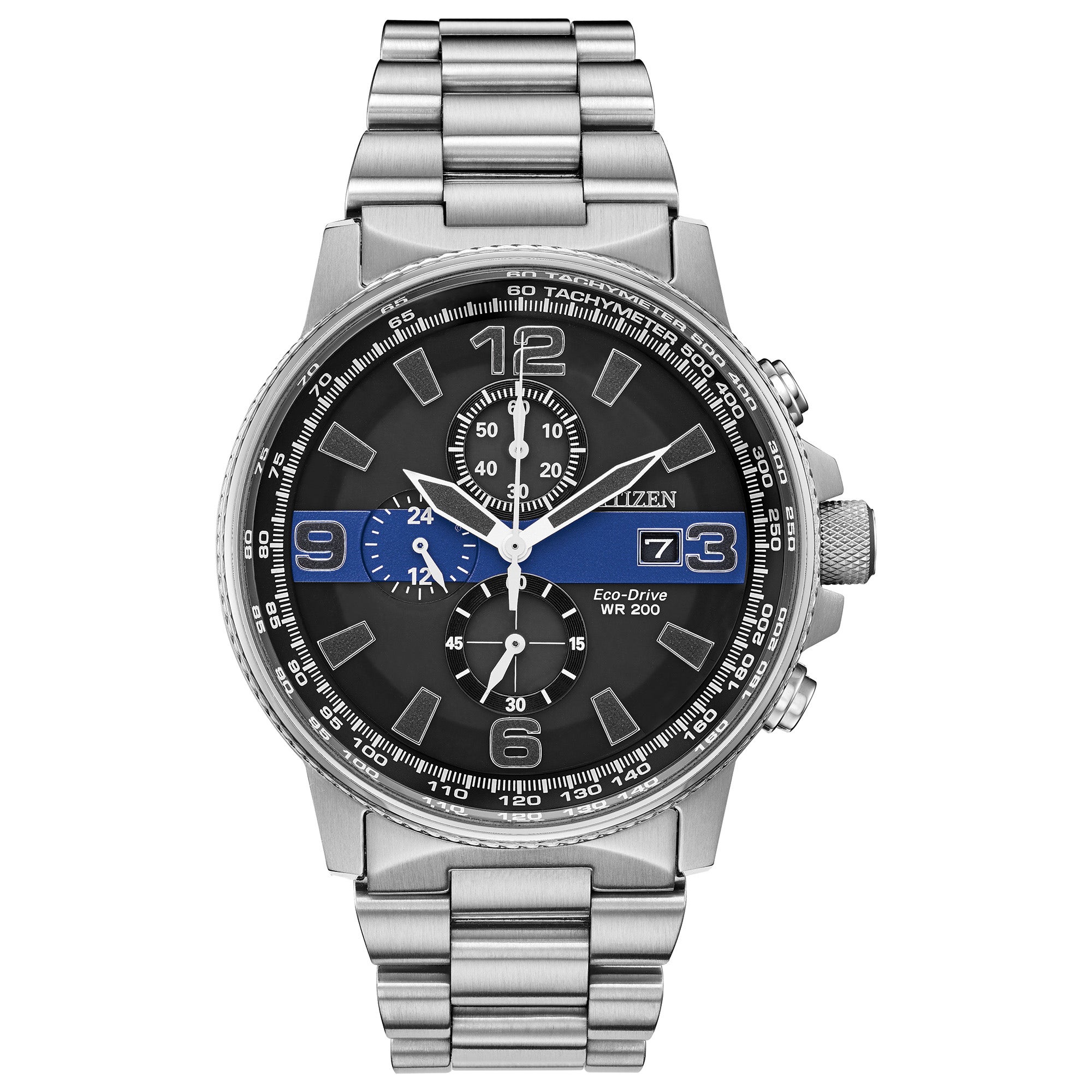 Citizen Men's Eco-Drive Chronograph Thin Blue Line Series Watch with Black Dial in Stainless Steel -CA0291-59E