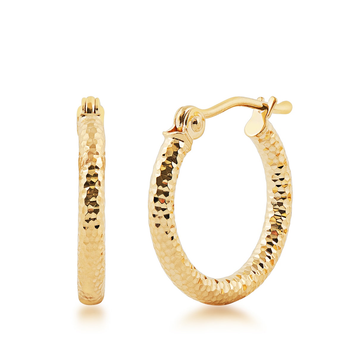 2x15mm Diamond Cut Textured Hoop Earrings in 14K Yellow Gold