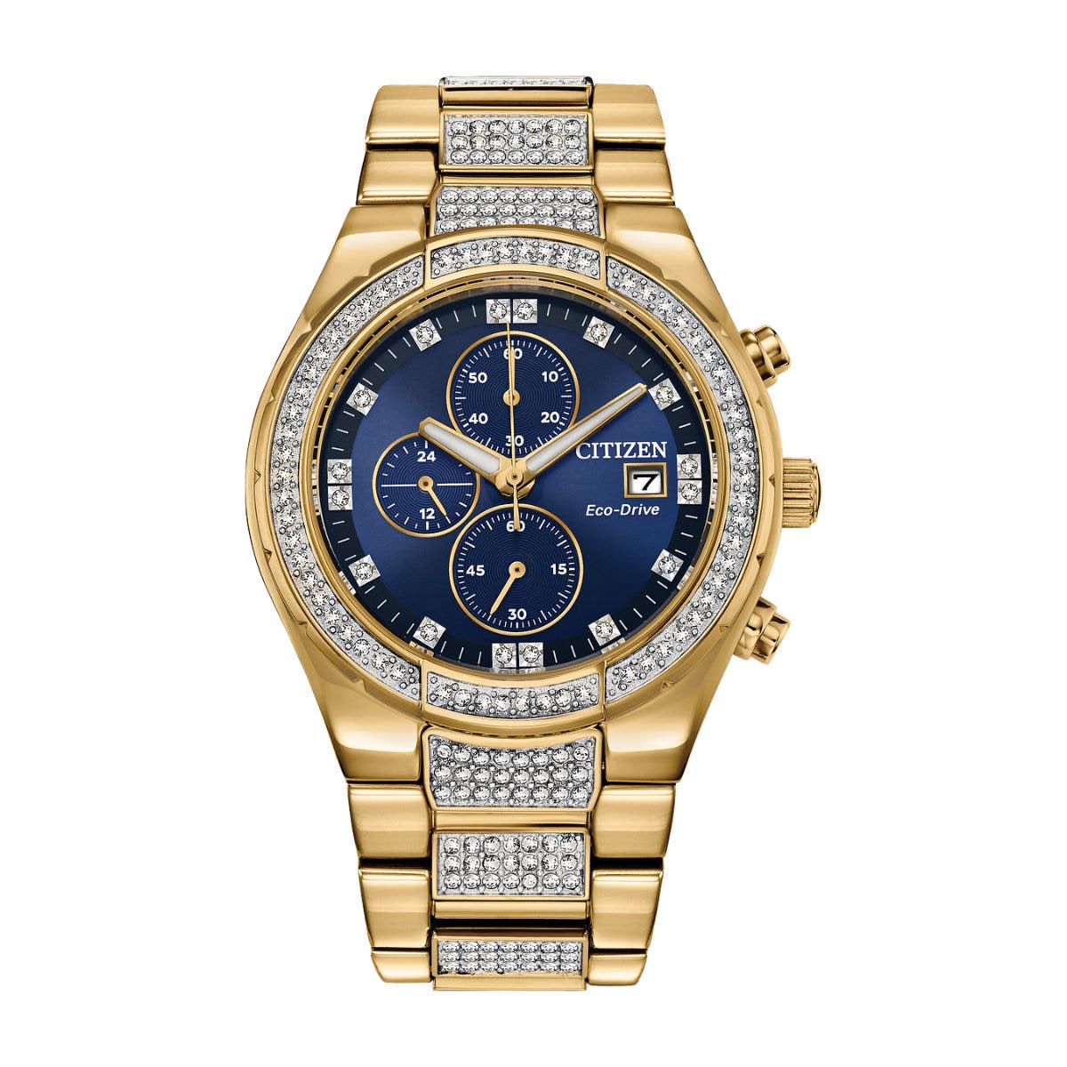 Citizen Men's Crystal Eco-Drive Gold-Tone Stainless Steel Watch with Blue Dial Crystal Accents - CA0752-58L