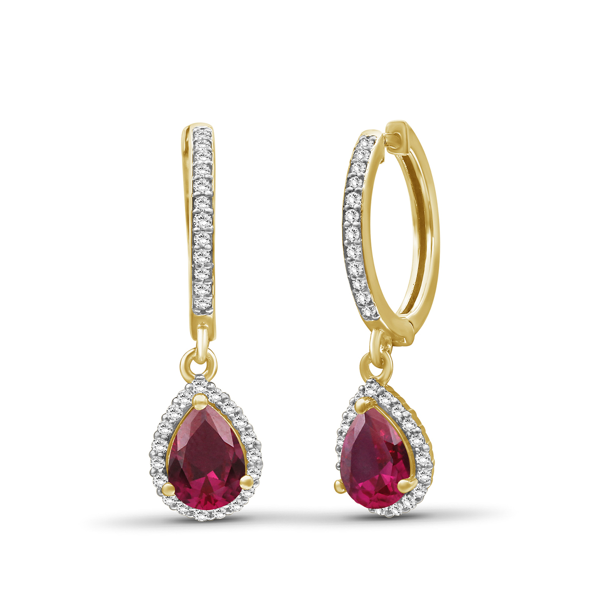 Lab-Grown Pear Ruby & 1/4 ct. tw. Diamond Halo Dangle Earrings in 10K Yellow Gold