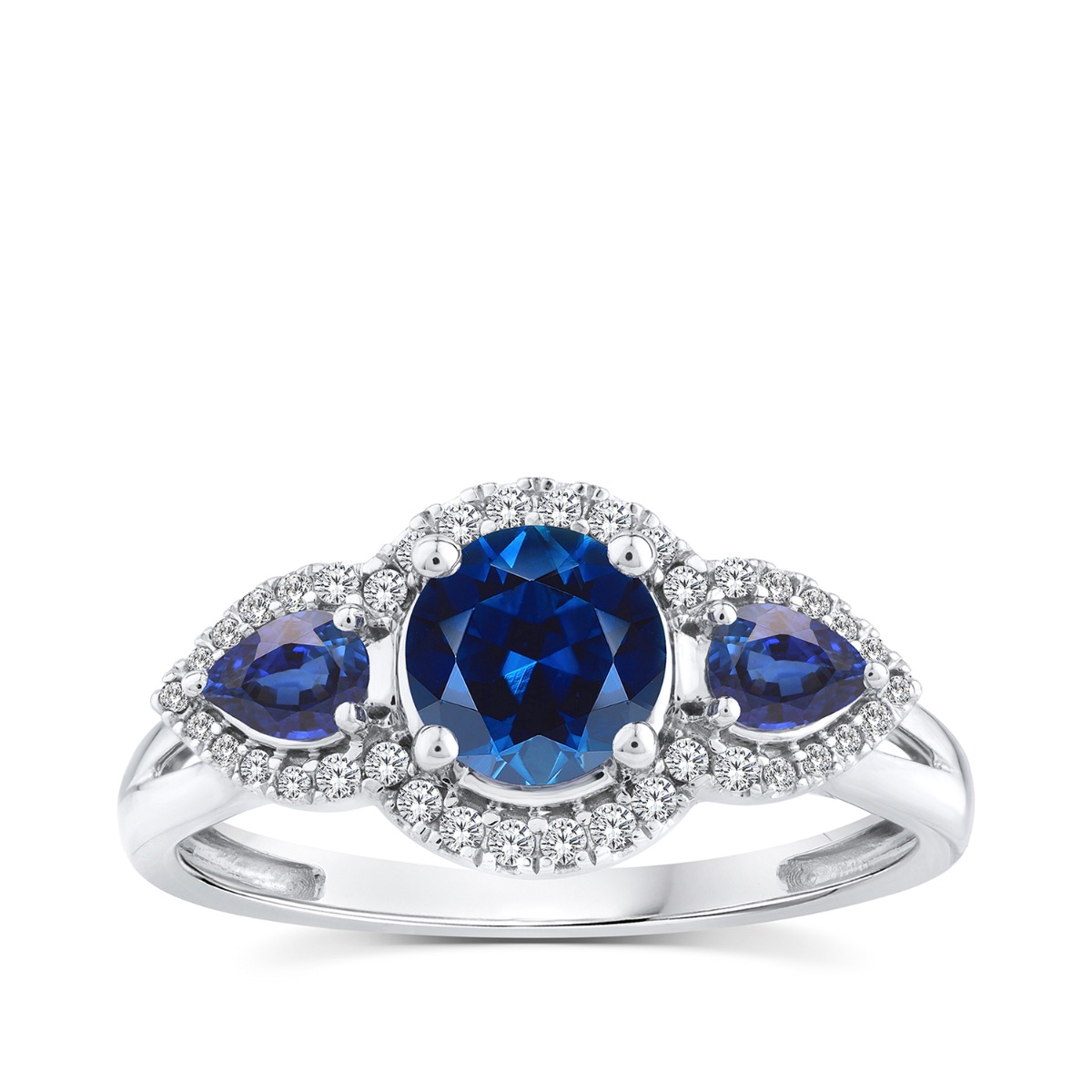 Lab-Grown Round & Pear Sapphire & 1/5 ct. tw. Diamond Halo Ring in 10K White Gold