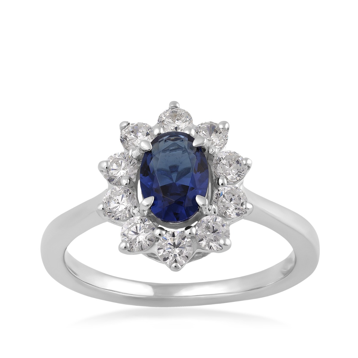 Lab-Grown Oval Sapphire & 3/4 ct. tw. Diamond Floral Halo Ring in 10K White Gold