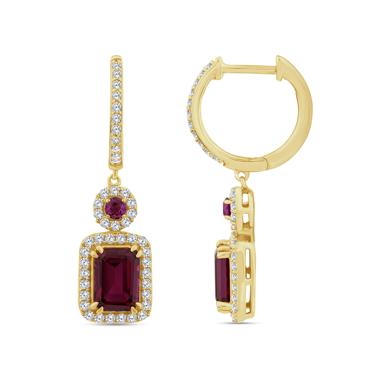 Lab-Grown Emerald Cut & Round Ruby & 1/2 ct. tw. Diamond Halo Dangle Earrings in 10K Yellow Gold