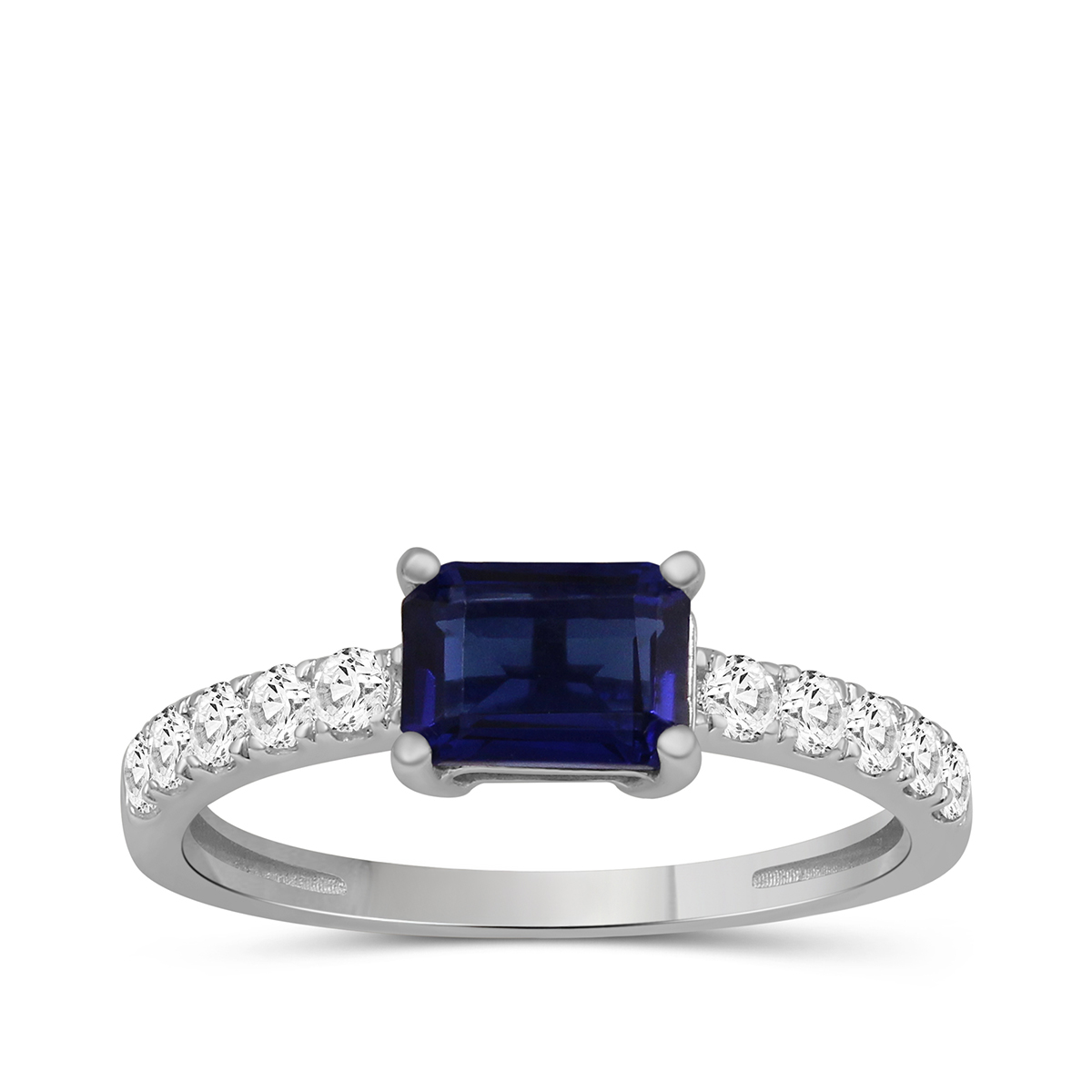 Lab-Grown Emerald Cut Sapphire & 1/3 ct. tw. Diamond Ring in 10K White Gold