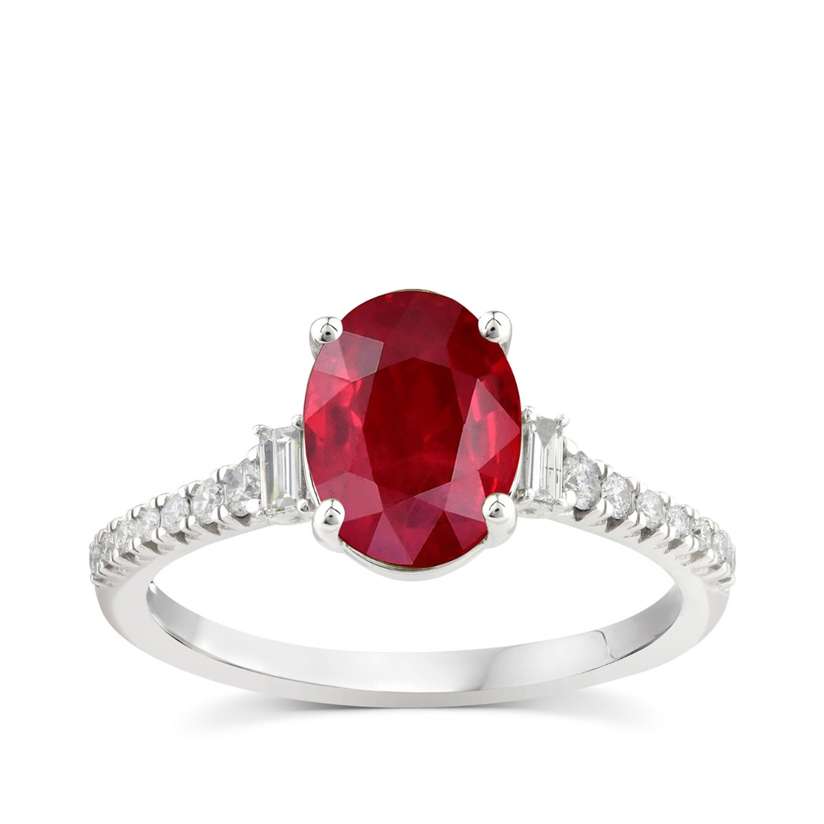 Lab-Grown Oval Ruby & 1/4 ct. tw. Baguette Diamond Ring in 10K White Gold