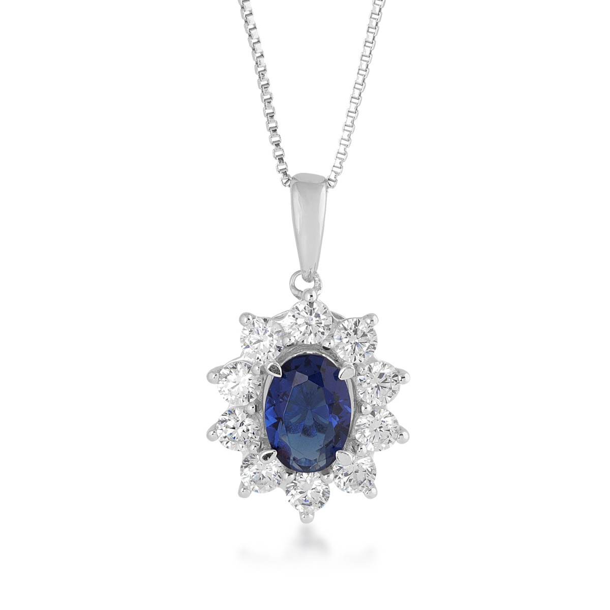 Lab-Grown Oval Sapphire & 3/4 ct. tw. Diamond Floral Halo Pendant in 10K White Gold