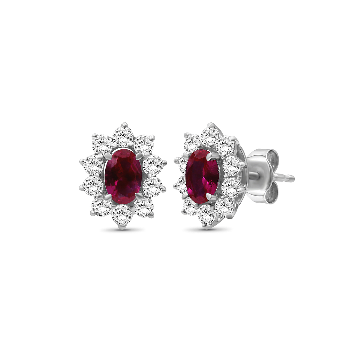 Lab-Grown Oval Ruby & 1 ct. tw. Diamond Floral Halo Earrings in 10K White Gold