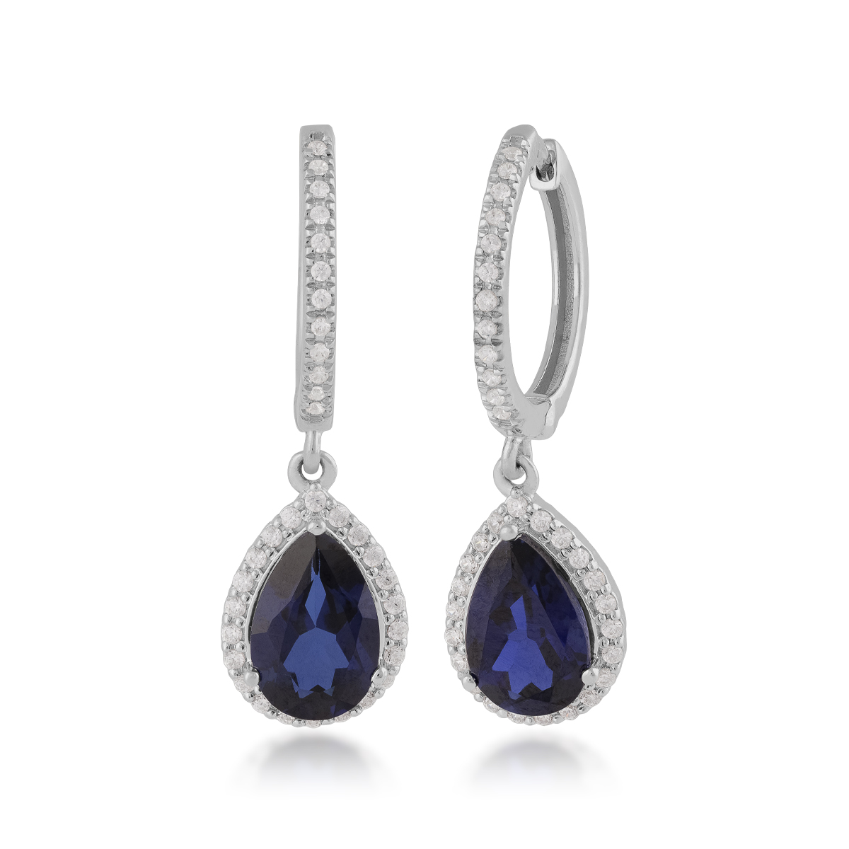 Lab-Grown Pear Sapphire & 1/4 ct. tw. Diamond Halo Dangel Earrings in 10K White Gold