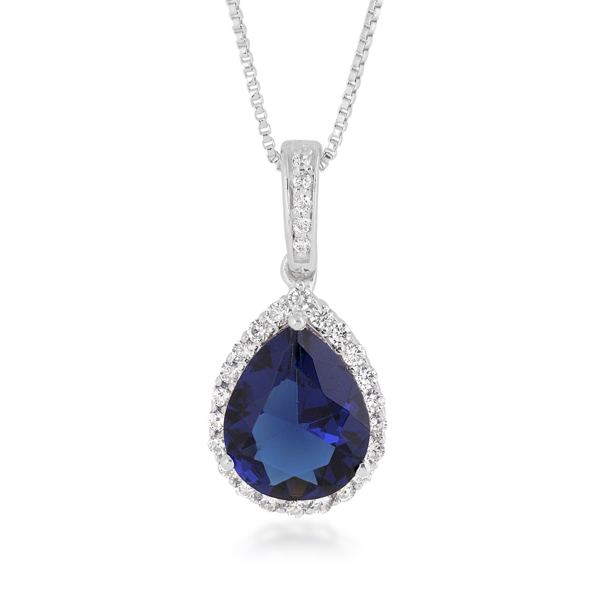 Lab-Grown Pear Sapphire & 1/4 ct. tw. Diamond Halo Pendant in 10K White Gold