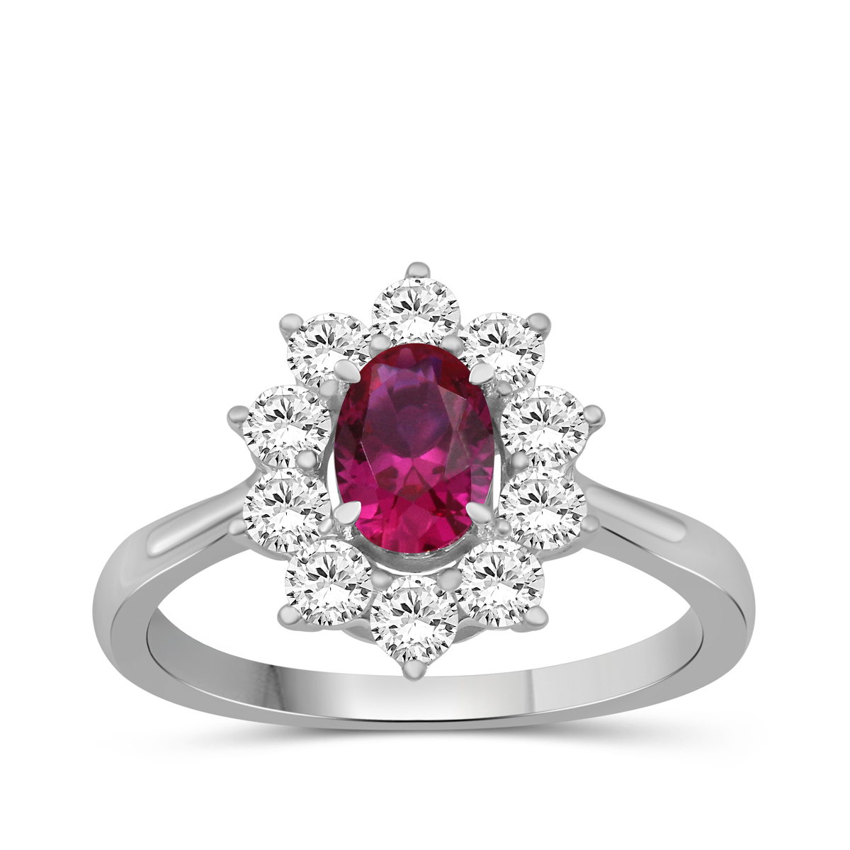 Lab-Grown Oval Ruby & 3/4 ct. tw. Diamond Floral Halo Ring in 10K White Gold