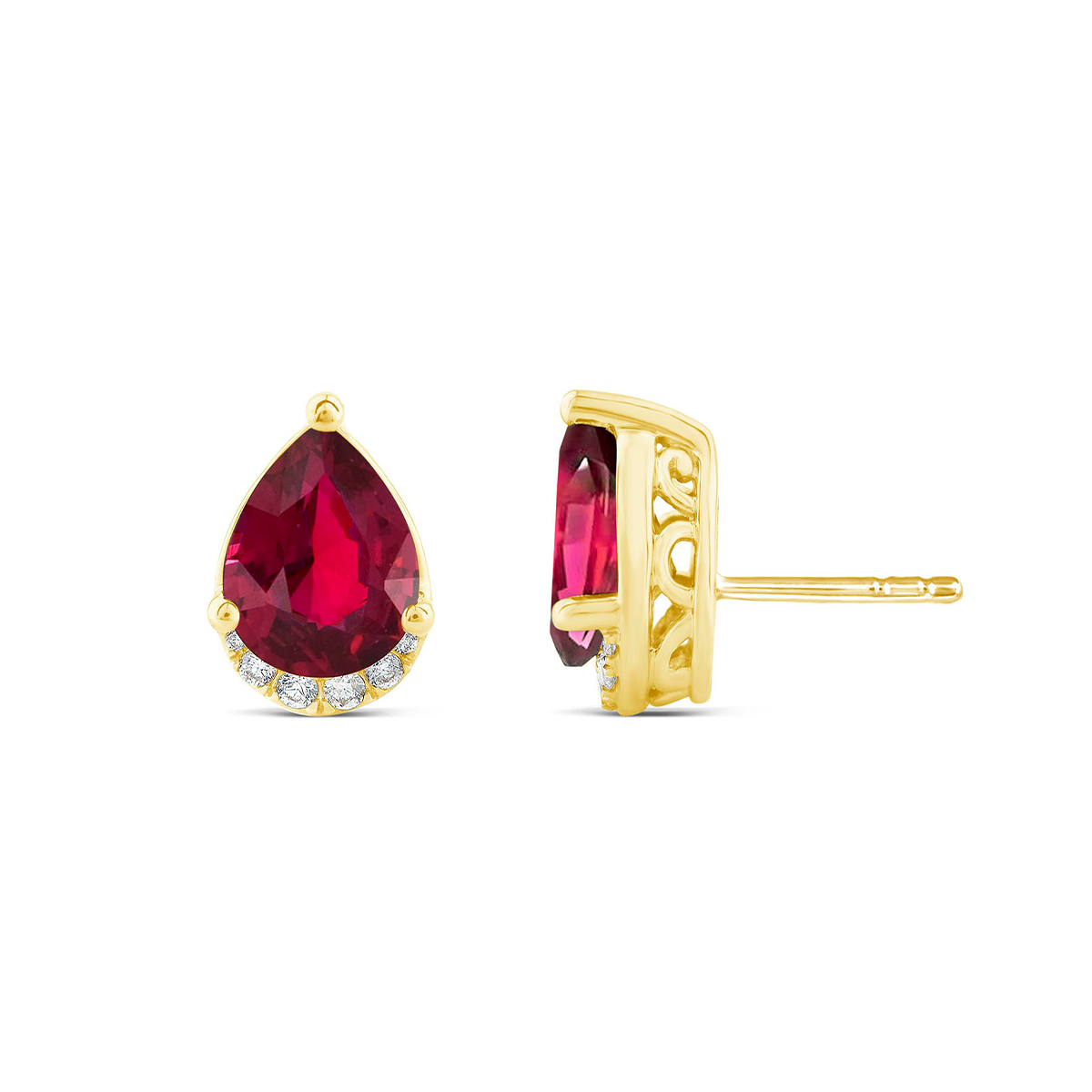 Lab-Grown Pear Ruby & 1/8 ct. tw. Diamond Half Halo Earrings in 10K Yellow Gold