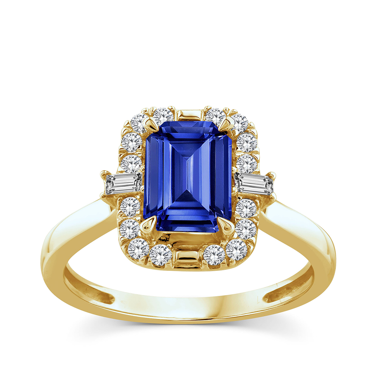 Lab-Grown Emerald Cut Sapphire & 1/4 ct. tw. Baguette & Round Diamond Halo Ring in 10K Yellow Gold