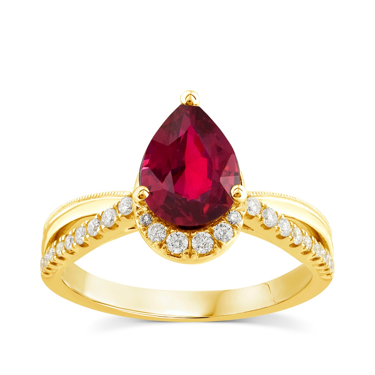 Lab-Grown Pear Ruby & 1/5 ct. tw. Diamond Half Halo Ring in 10K Yellow Gold