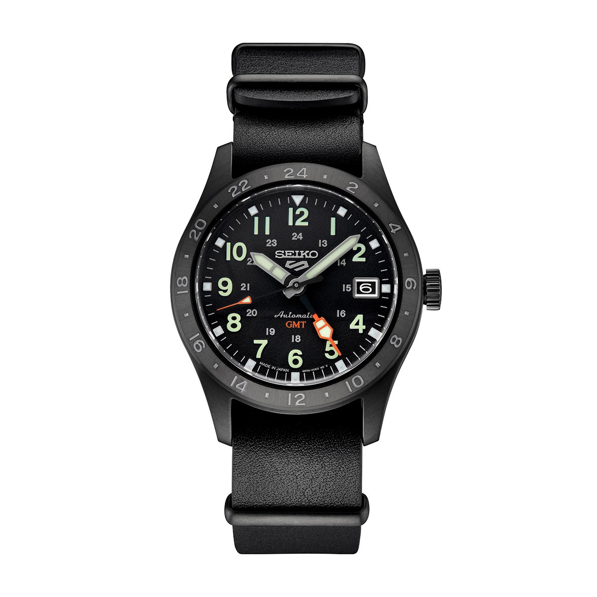 Seiko Men's 5 Sports Automatic Stainless Steel Watch with Black Dial & Leather Strap