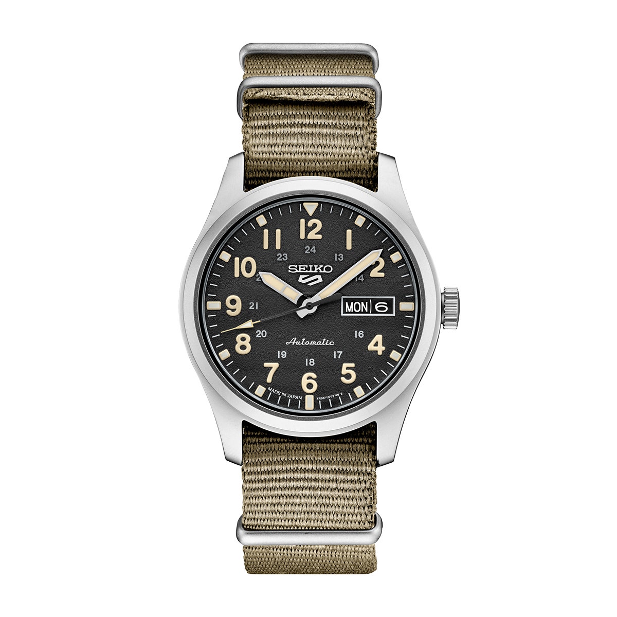 Seiko Men's 5 Sports Field Automatic Stainless Steel Watch with Black Dial & Tan Nylon Strap