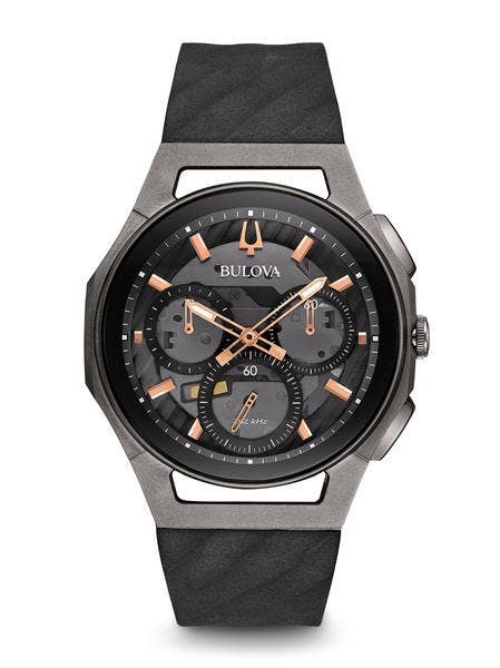 Bulova CURV Collection Men's Grey Exhibition Chronograph Watch in Black Titanium & Stainless Steel Case with Rose Gold-Tone Accent with Black Rubber Strap