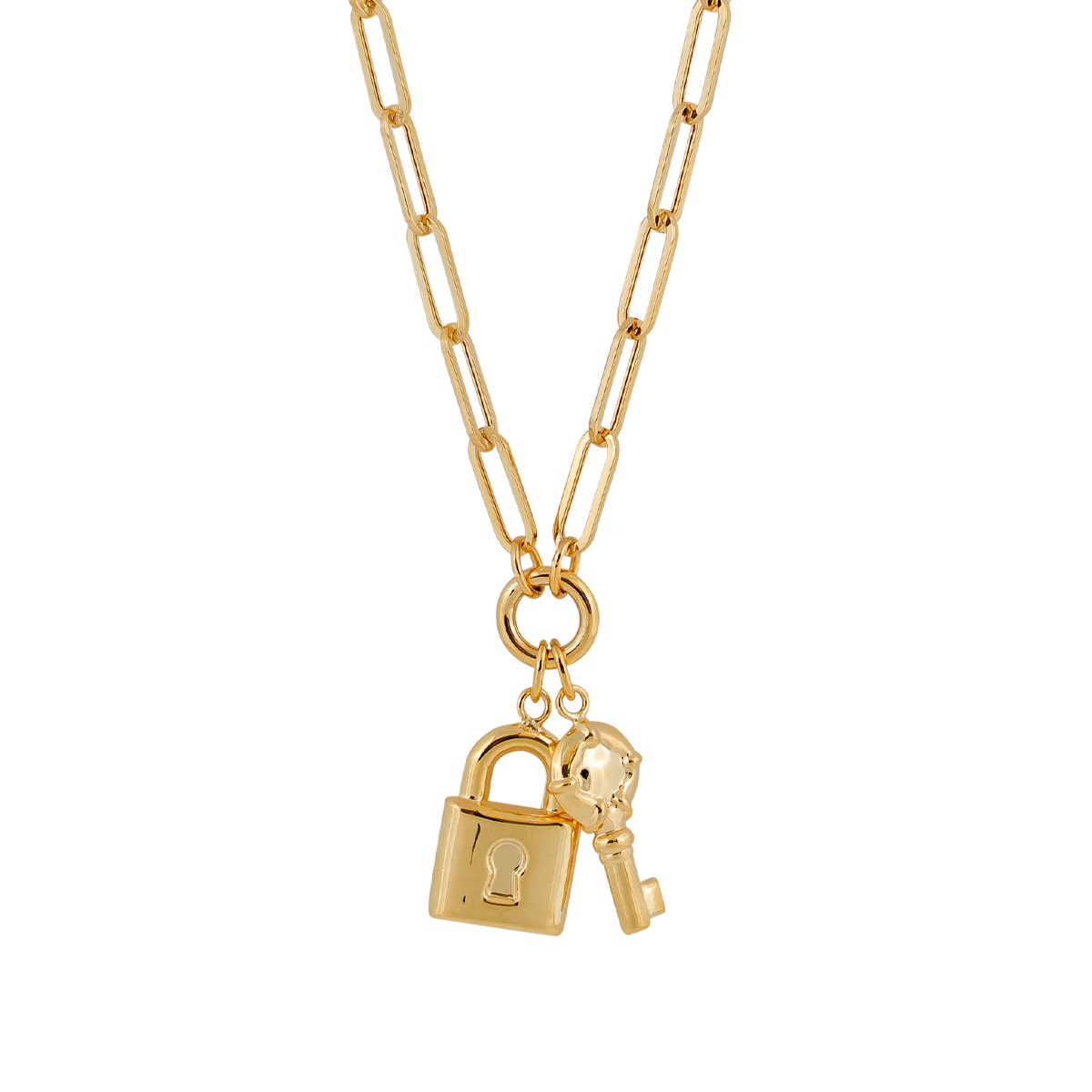 Lock & Key Paperclip Chain Necklace in 10K Yellow Gold