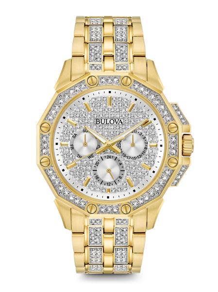 Bulova Crystal Collection Men's Embellished Watch with Multifunction Movement in Gold-Tone Stainless Steel - 98C126