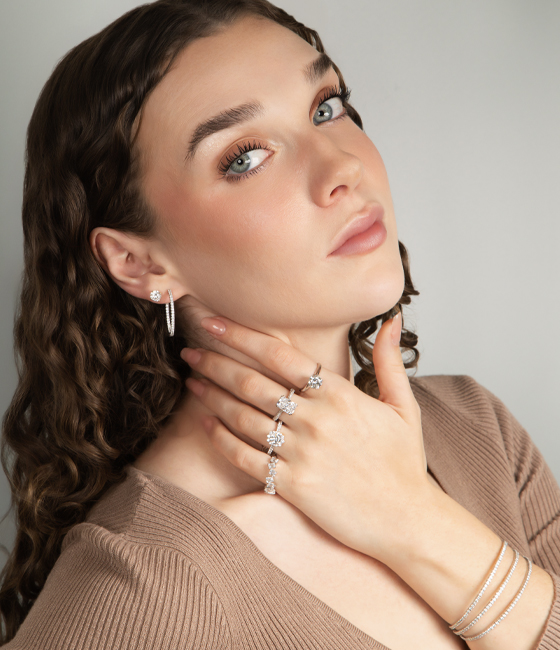 model wearing ForeverMade lab-grown diamond jewelry